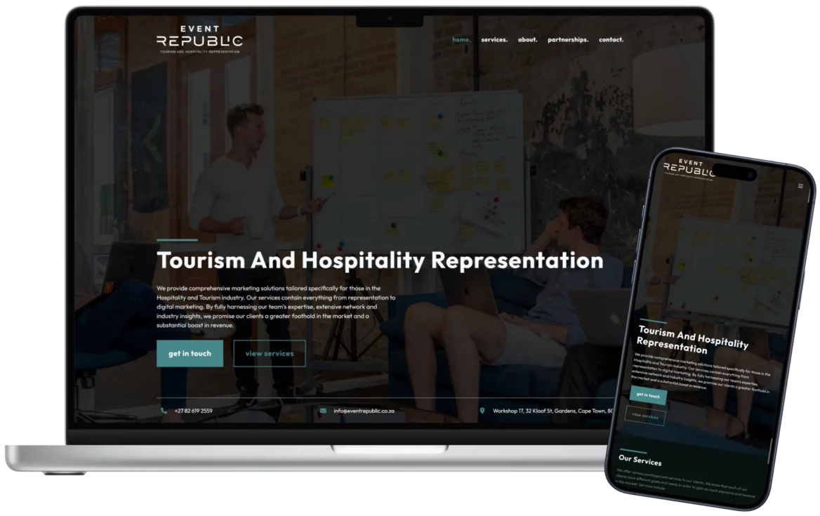 client site in mockups of notebook and phone, site in this case is Event Republic